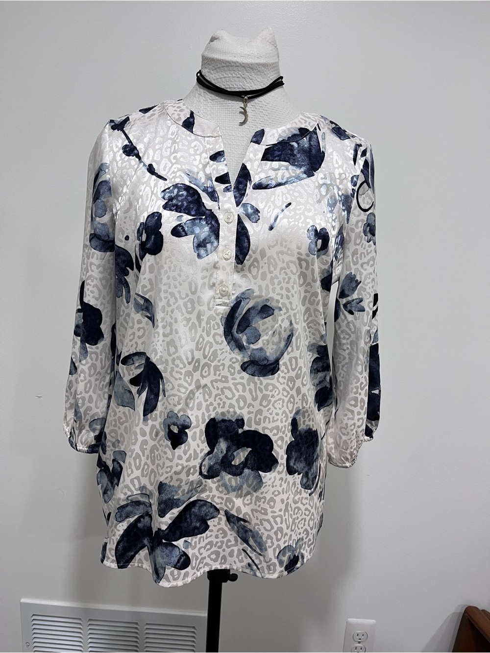 Chico's White Tunic with Navy Floral Watercolor Print